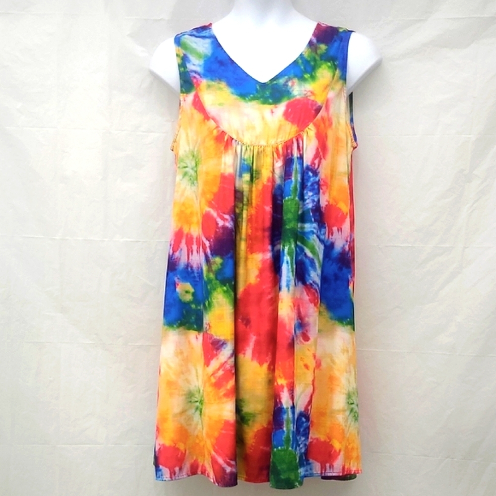 Retro Tie-Dye Sundress Stretchy Colorful Loungewear Bohemian Sleeveless Midi